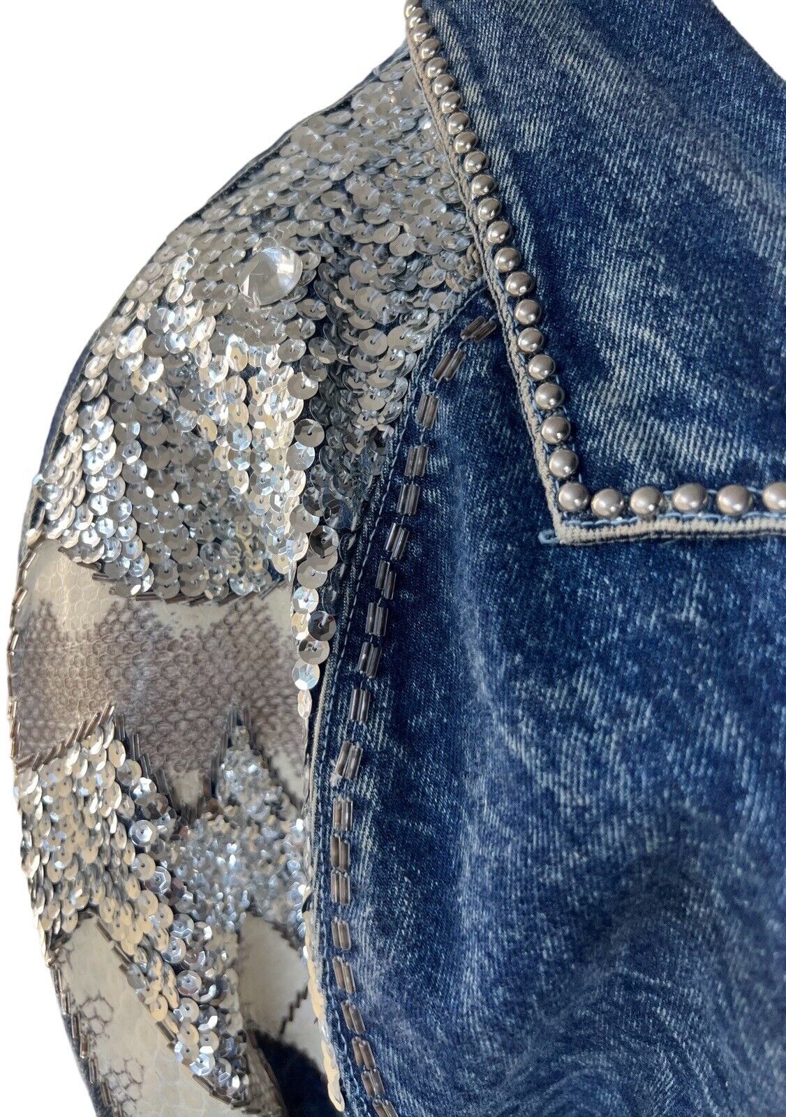 Niya Collection Studded Sequin Denim Jacket Leather Appliqué Size Large