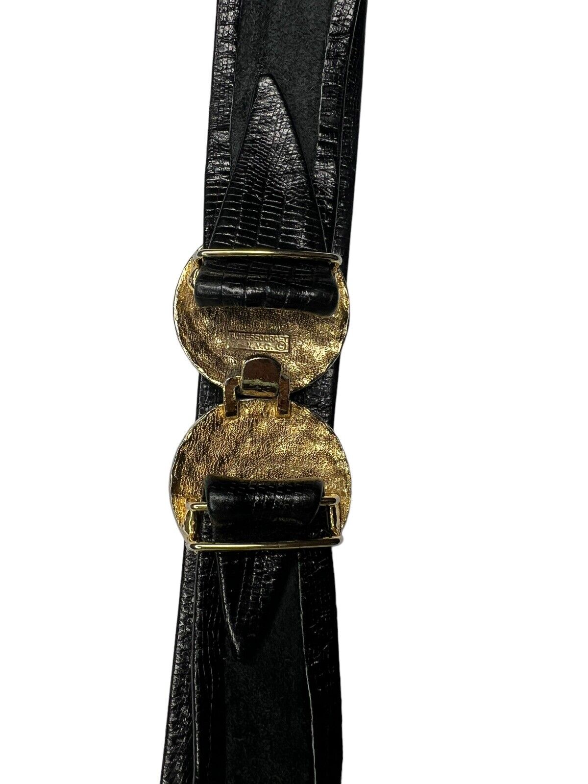 Accessocraft NYC Black Leather Lizard Skin Vintage Belt Brass Buckle 35.5 Inches