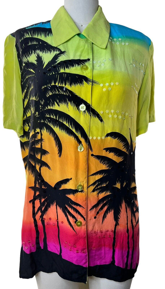 Diane Gilman Multicolor Silk Top Palm Trees Sequins Size Medium