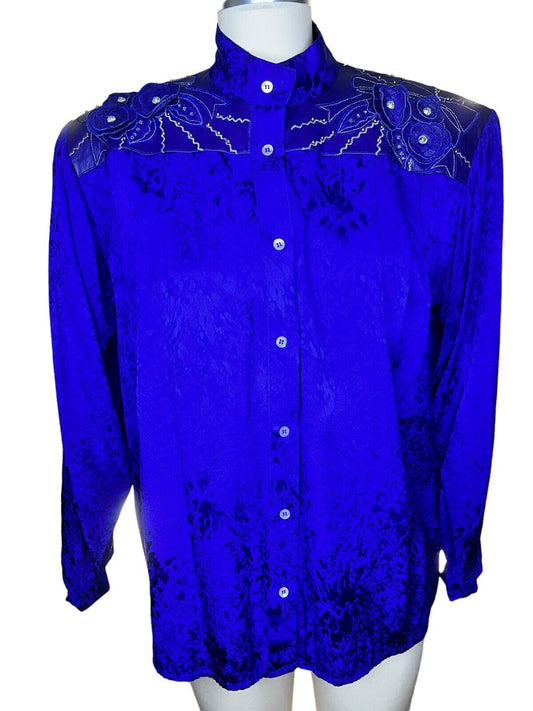 Stanley Nelson Indigo Blue Silk & Leather Studded Beaded Button Up Top Size L