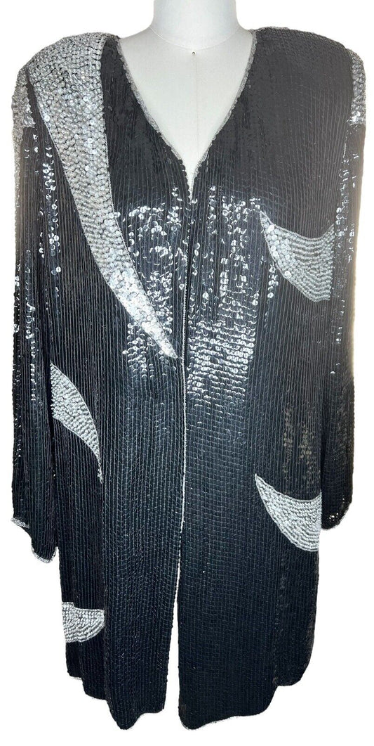 Women’s Silver & Black Silk Lined Sequined Knee Length Duster Size M/L