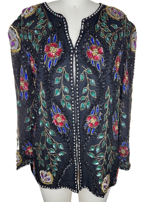 Elegance By Anujan Beaded Floral Sequined Silk Jacket Size M