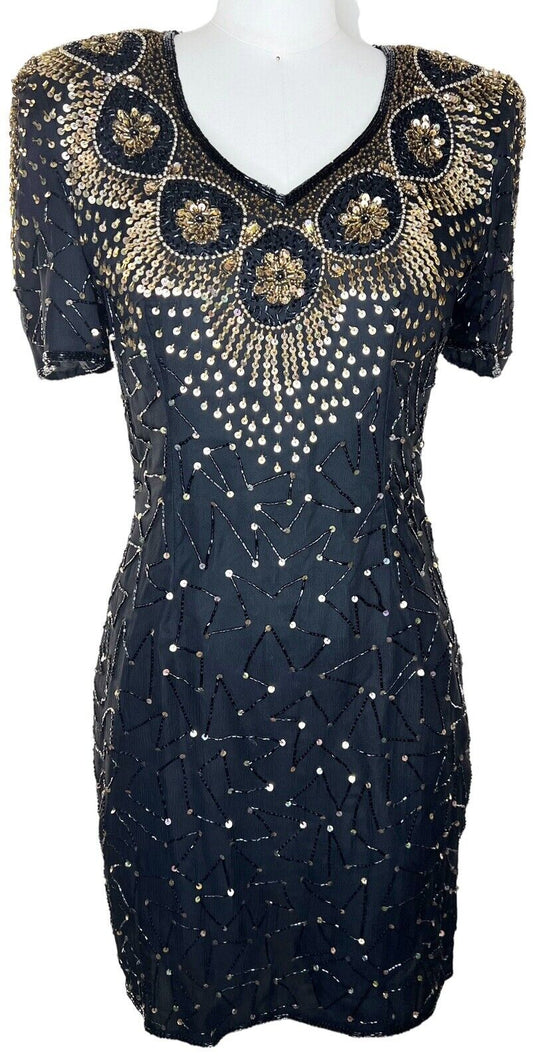 Stenay Silk Black And Gold Beaded Mini Dress Size 6