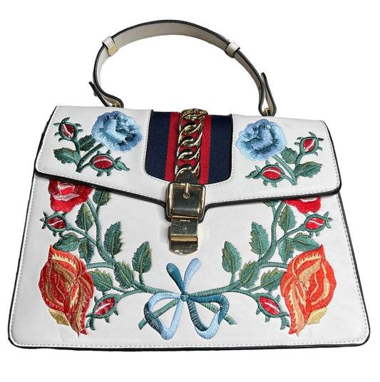 Impeccable Ivory White Leather Satchel Embroidered Flowers Italian Chain