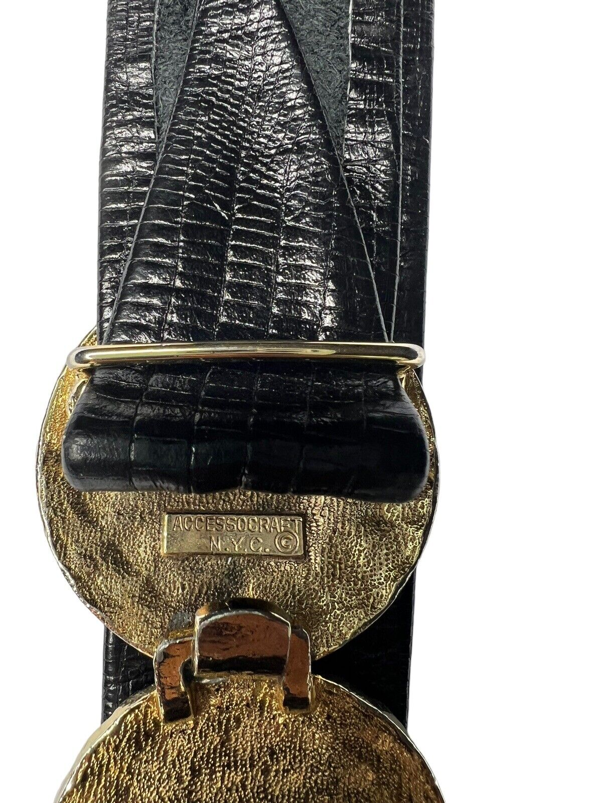 Accessocraft NYC Black Leather Lizard Skin Vintage Belt Brass Buckle 35.5 Inches