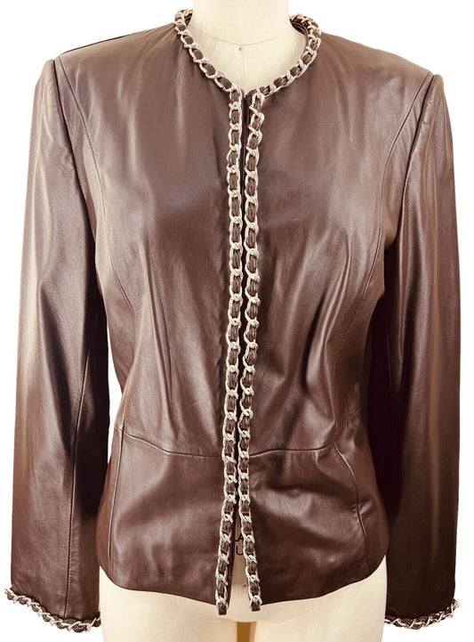 Bradley By Bradley Bayou Brown Leather Jacket Chain Trim