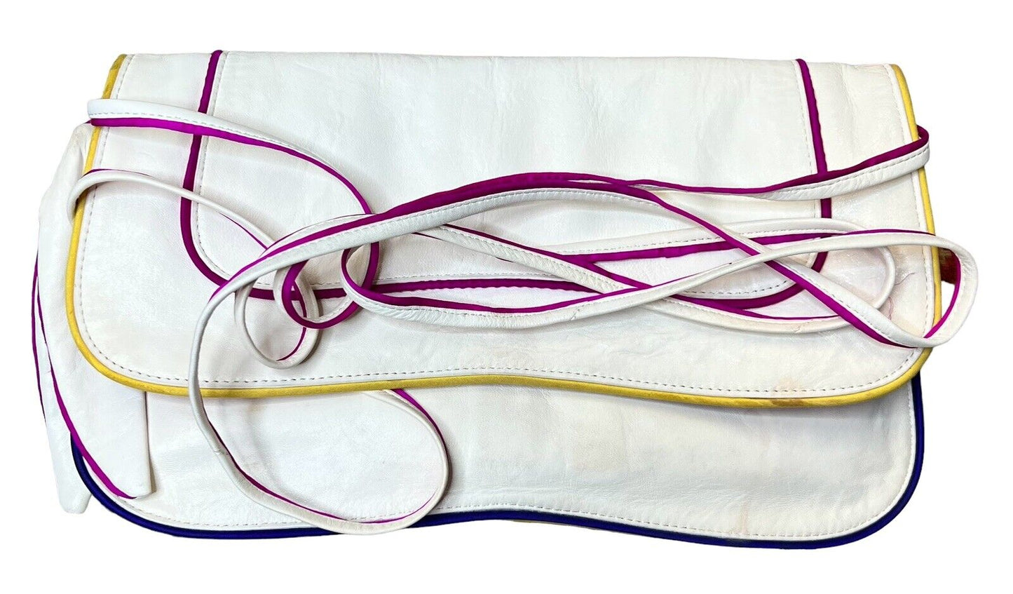 Kooba Ivory Leather Clutch With Bonus Strap Fuchsia & Yellow Piping