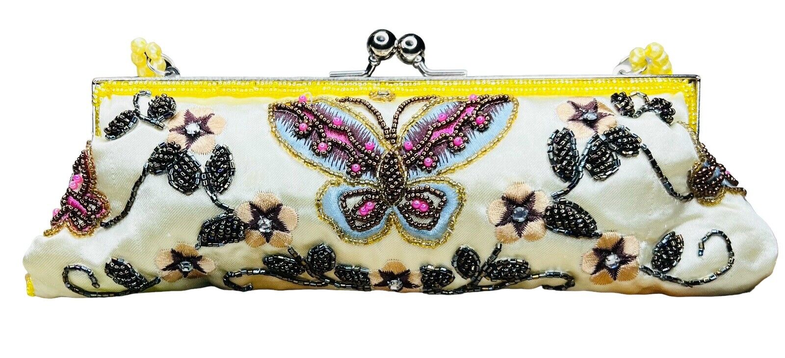 Yellow Satin Evening Purse Beading Sequins Embroidery Beaded Top Handle