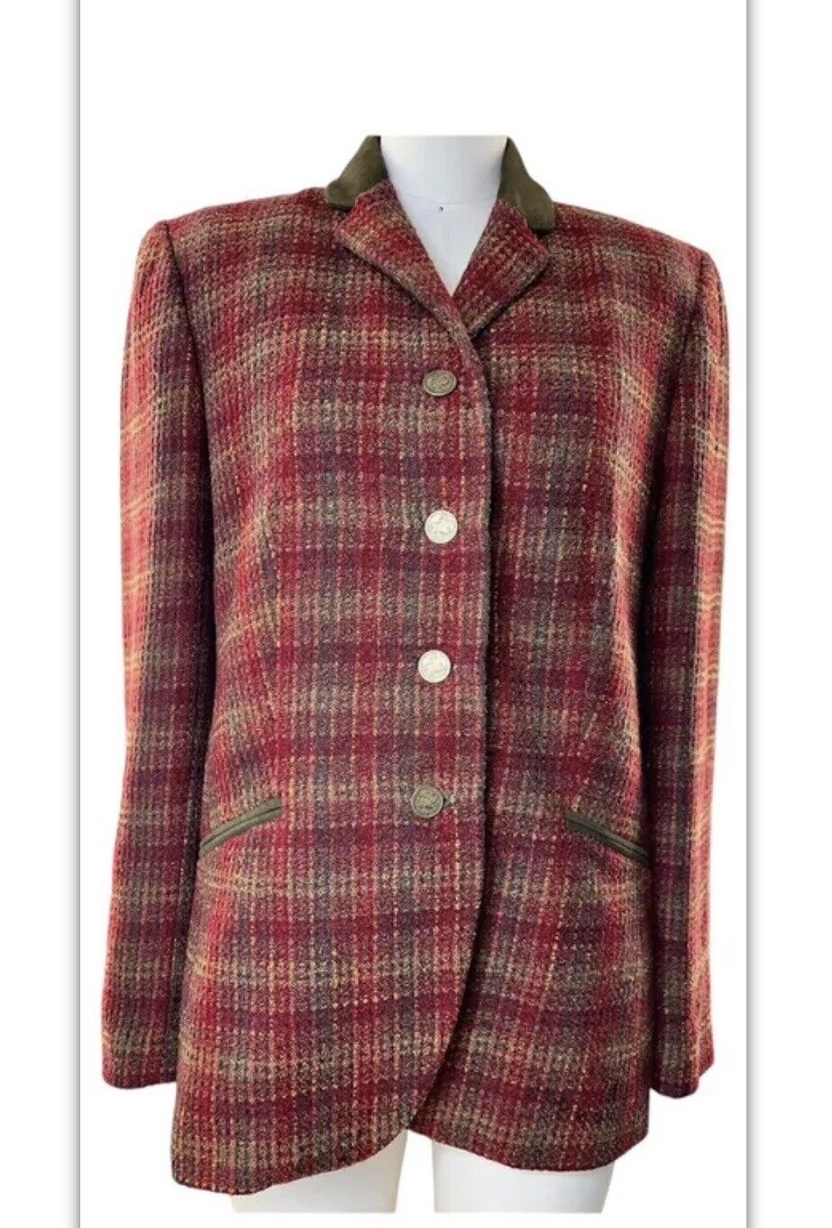 Don Caster Wool Plaid Blazer Leather Collar And Trim Lion head Buttons Size M/L