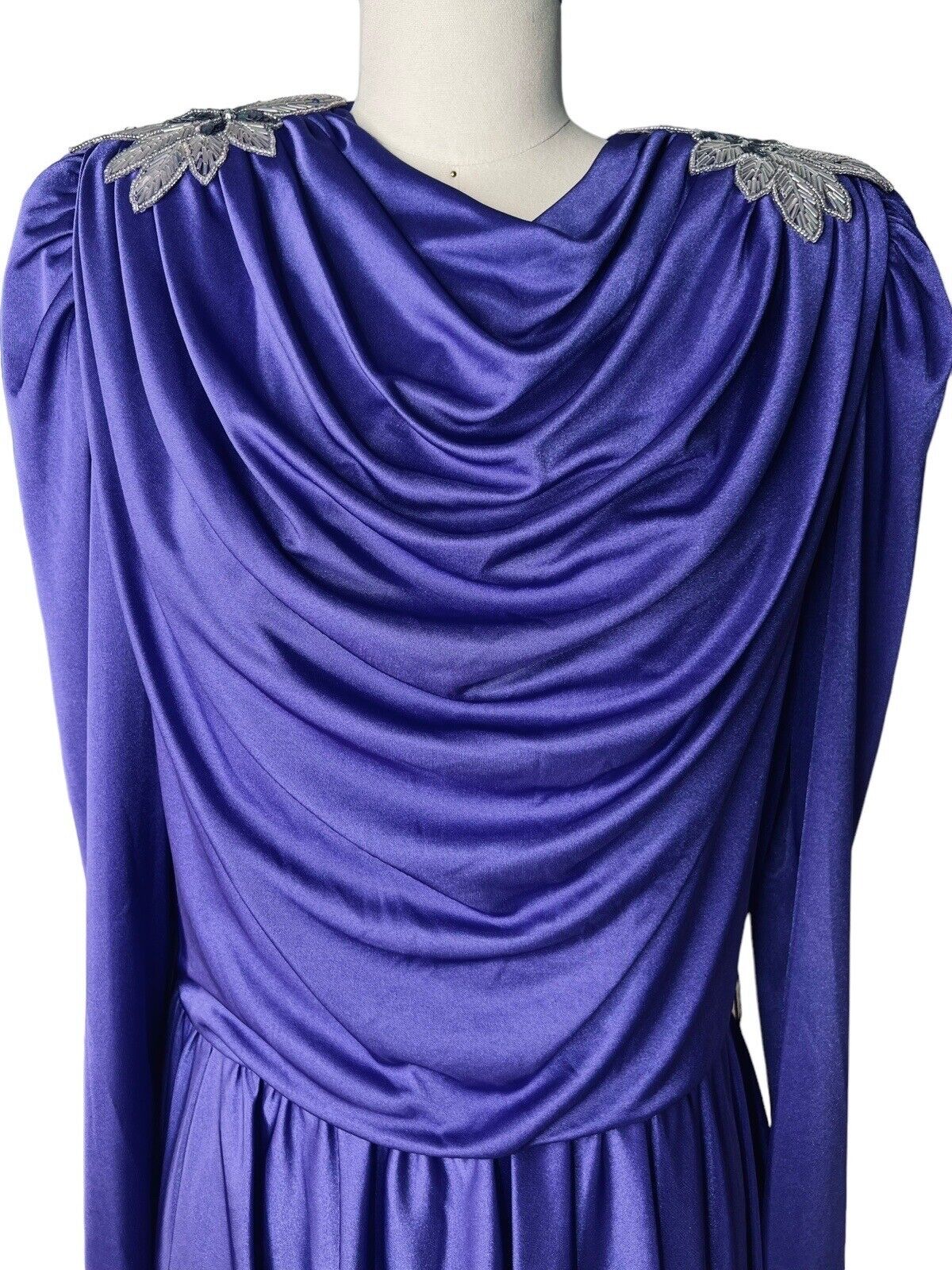 Filigree Purple Draped Dress Beaded Shoulder Epaulettes Size 16