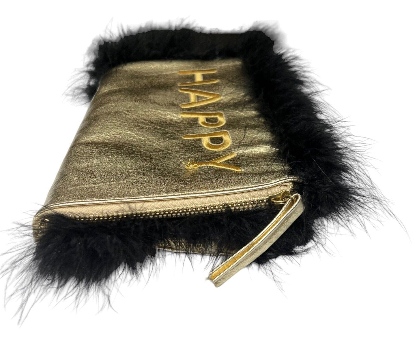 Gold Feather Vegan Metallic Leather Happy Folded Fold Over Clutch