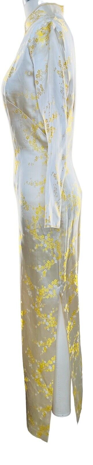 Yellow Satin Polyester Floral Print Kimono Dress Size S