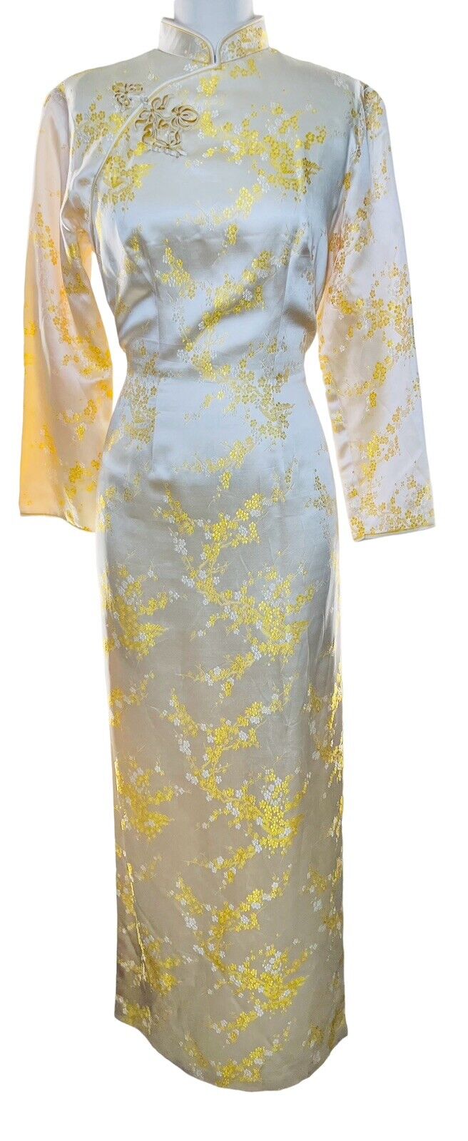 Yellow Satin Polyester Floral Print Kimono Dress Size S