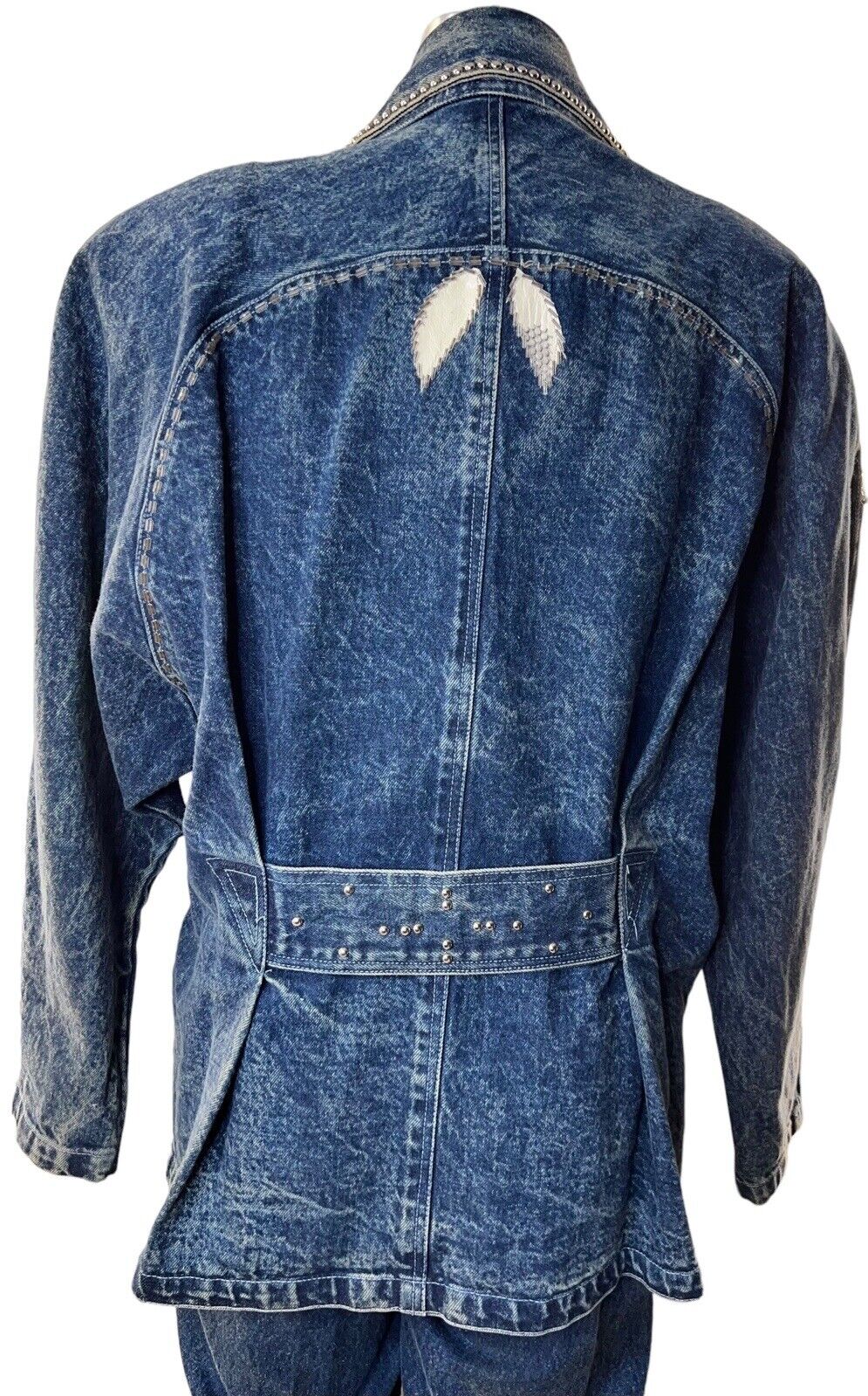 Niya Collection Studded Sequin Denim Jacket Leather Appliqué Size Large