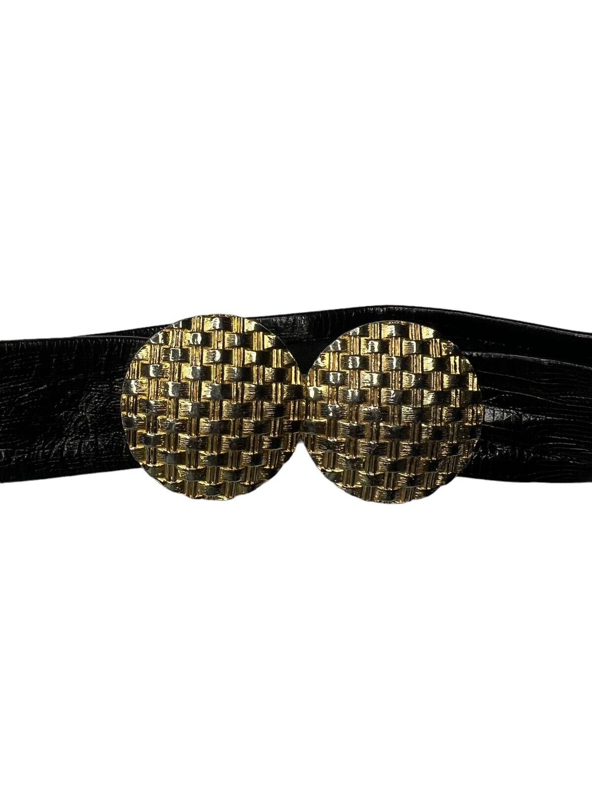 Accessocraft NYC Black Leather Lizard Skin Vintage Belt Brass Buckle 35.5 Inches