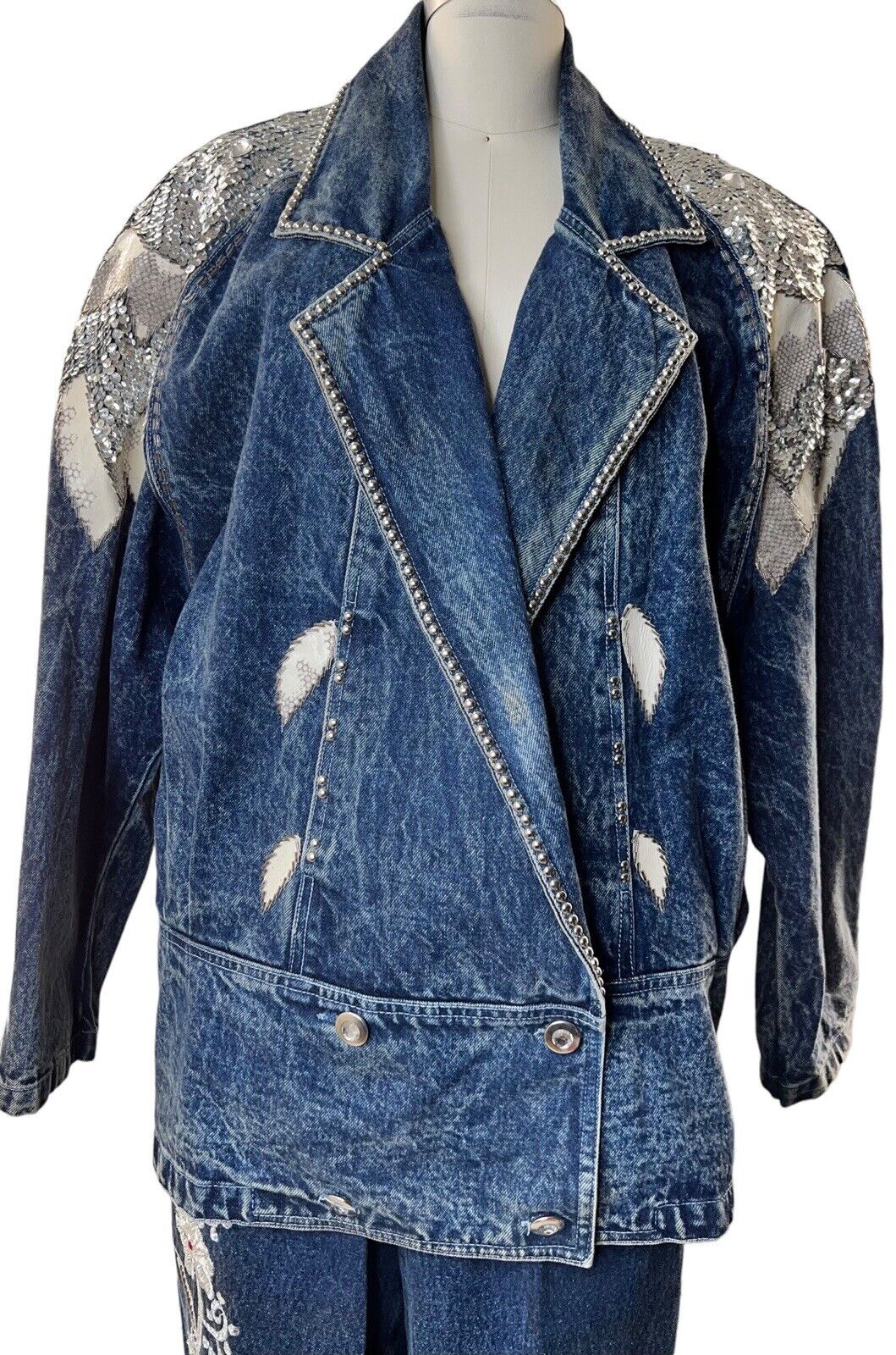 Niya Collection Studded Sequin Denim Jacket Leather Appliqué Size Large