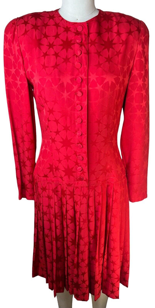 Adele Simpson Silk Red Pleated Dress Star Print 