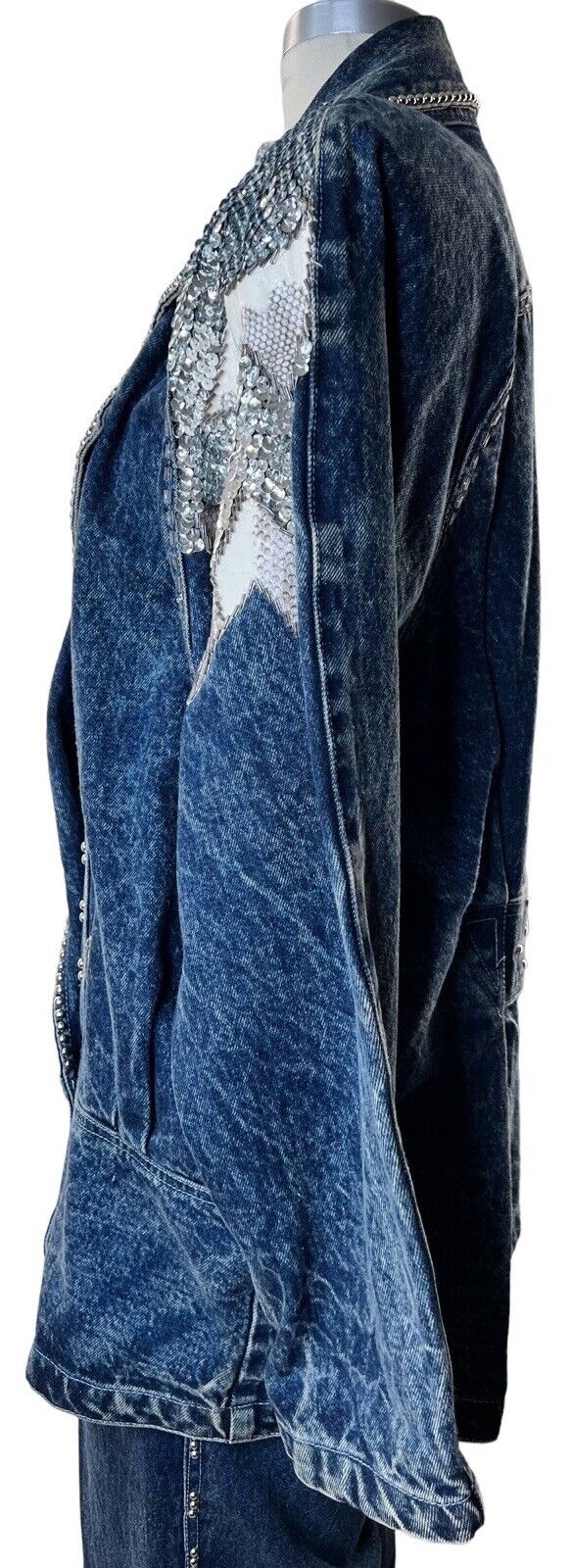 Niya Collection Studded Sequin Denim Jacket Leather Appliqué Size Large