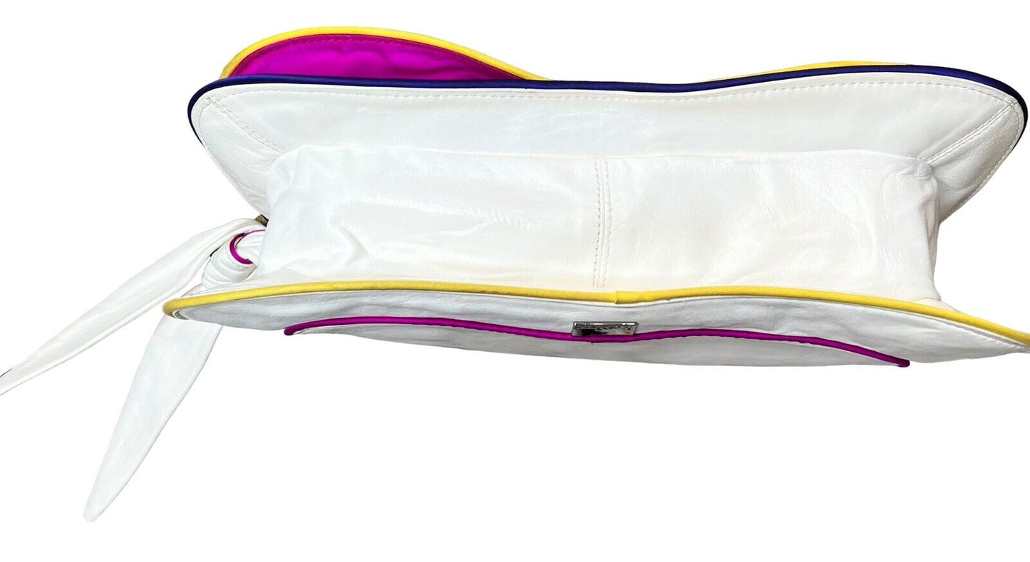 Kooba Ivory Leather Clutch With Bonus Strap Fuchsia & Yellow Piping