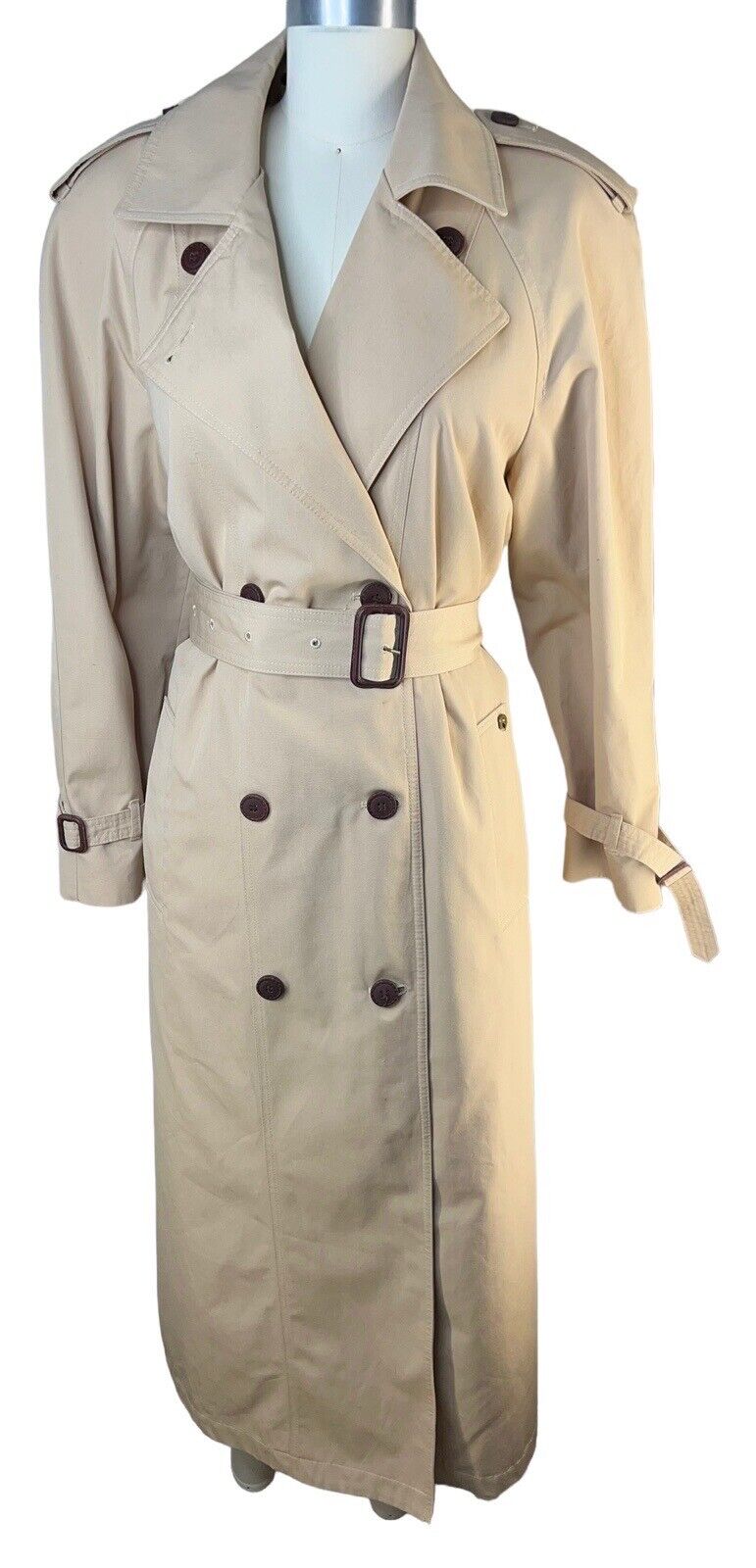 Etienne Aigner Classic Khaki Trench Coat Leather Covered Buttons Size 12