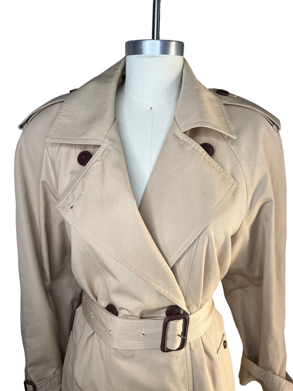 Etienne Aigner Classic Khaki Trench Coat Leather Covered Buttons Size 12