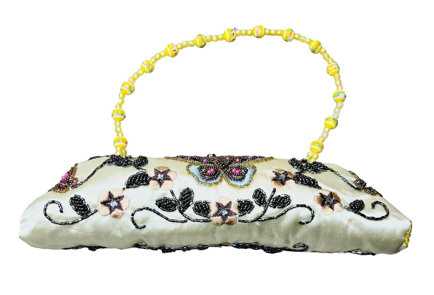 Yellow Satin Evening Purse Beading Sequins Embroidery Beaded Top Handle