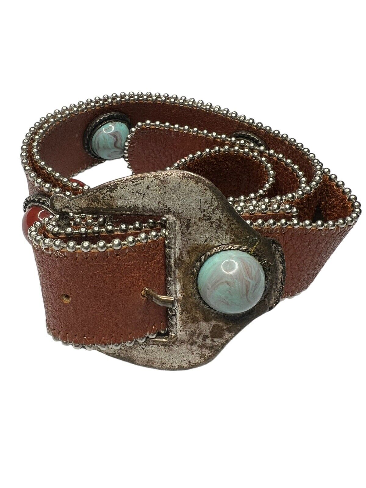 Leatherock Studded Bezel Set Faux Precious Stones Distressed Silver Metal Buckle