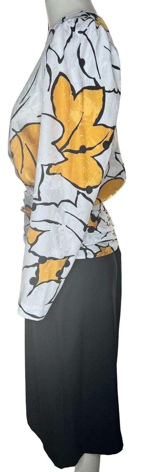 J Ellis Floral Print Polyester Ruched Midi Dress Yellow Black White Size 6