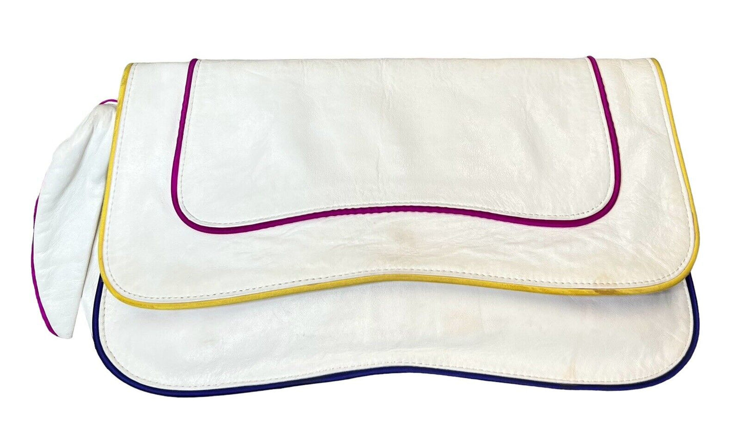 Kooba Ivory Leather Clutch With Bonus Strap Fuchsia & Yellow Piping