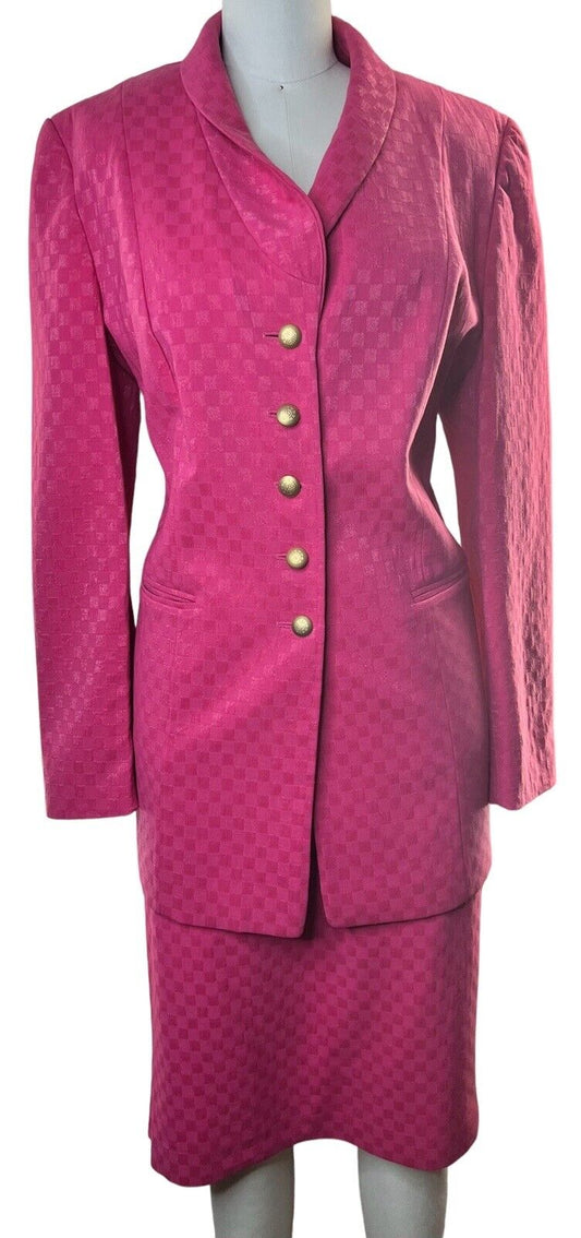 Louis Feraud Fuchsia Skirt Suit Gold Buttons Size 12