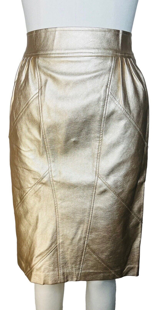 FRNCH Paris Vegan Leather Gold Pencil Skirt Size M