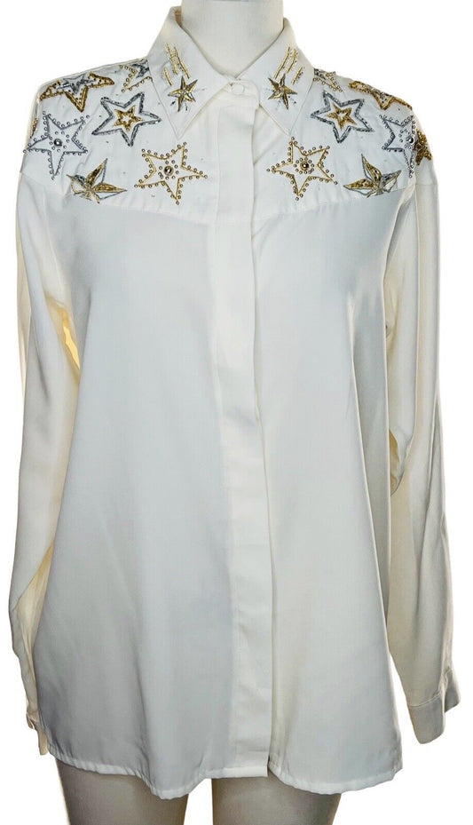 Gantos Women’s Ivory Long-sleeved Button Up Western Metallic Embroidery Beaded