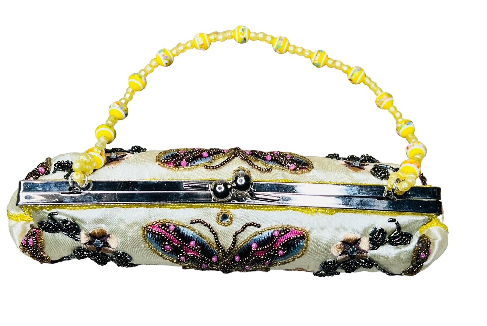 Yellow Satin Evening Purse Beading Sequins Embroidery Beaded Top Handle