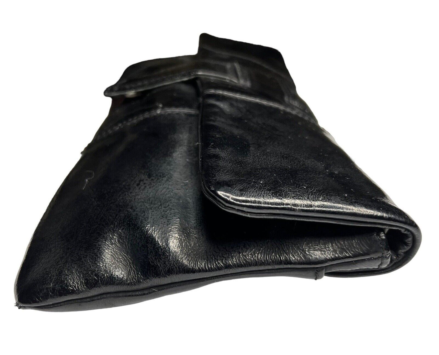 Lulu Townsend Black Leather Fold Over Clutch Snap Closure 