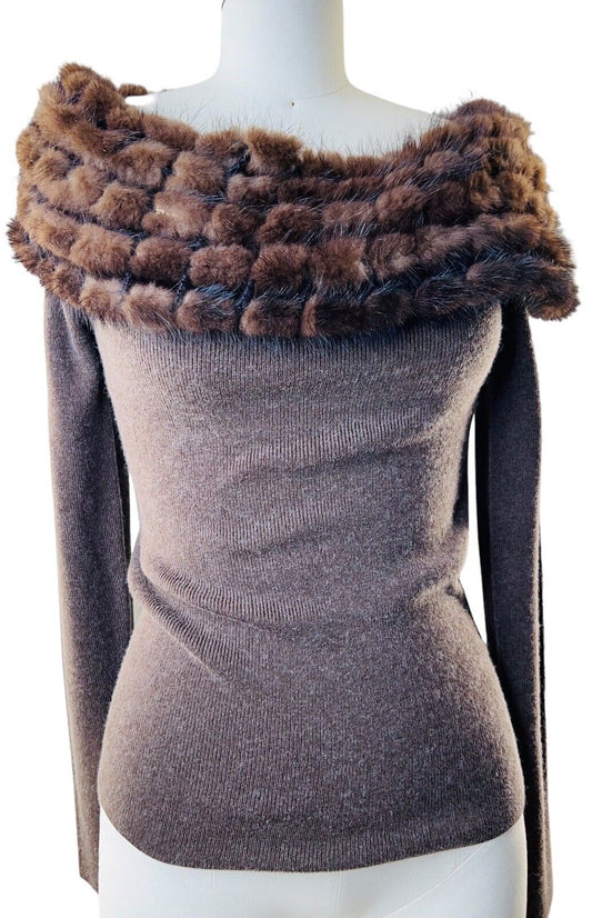 Chameleon Silk & Cashmere Sweater With Detachable Mink Collar Size Small