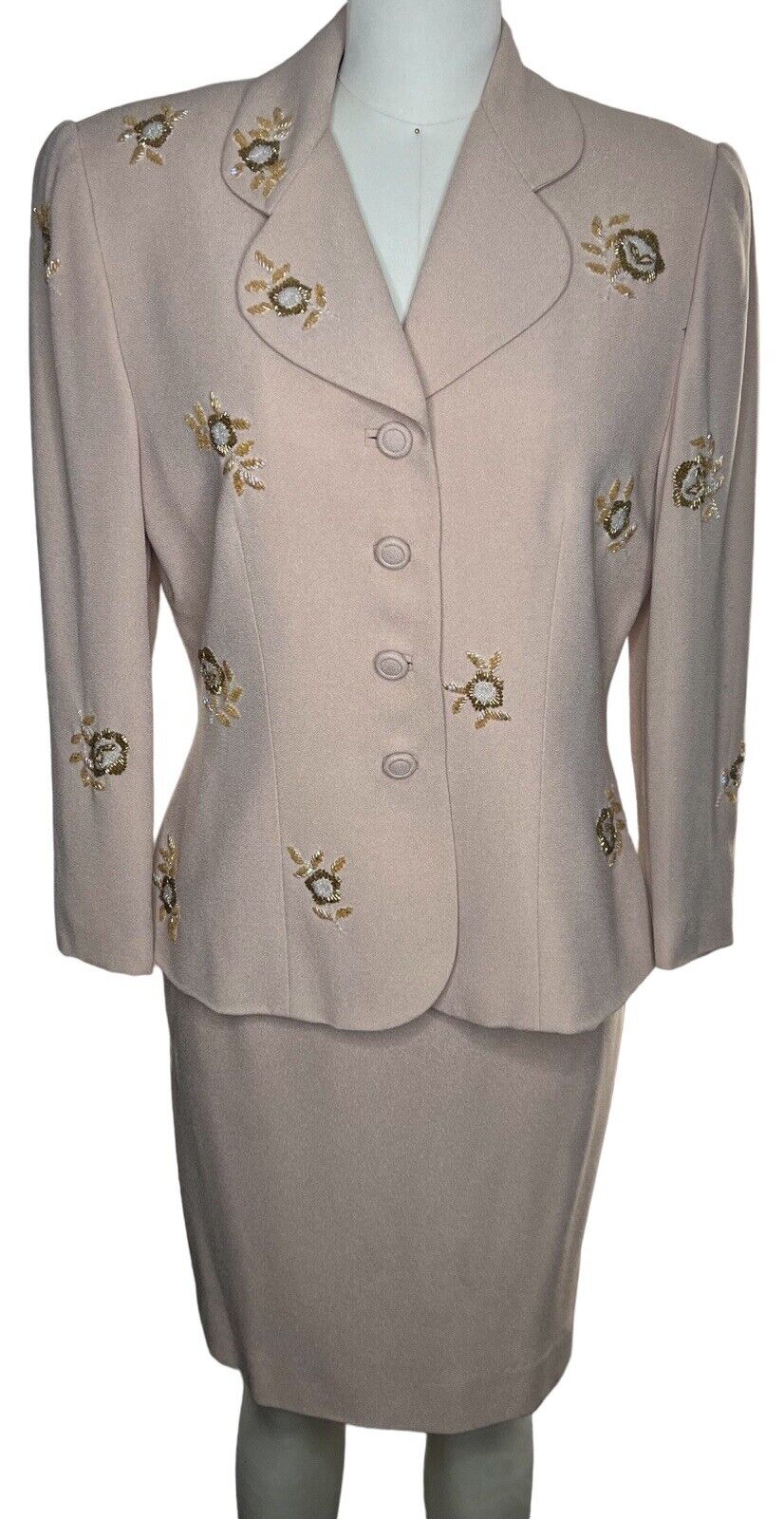 Womens Zelda Two Piece Beige Beaded Skirt Suit Size 8/10