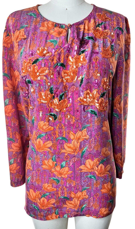 Christina Floral Print & Sequin Silk Pullover Blouse Size XL