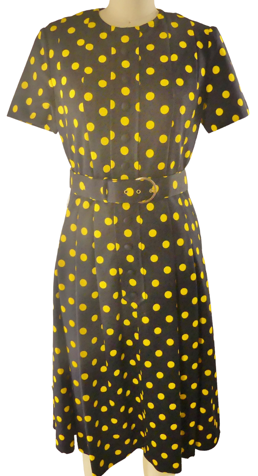 Dynasty 1950s Fit & Flare Navy Blue Dress Yellow Polka Dots Size 12