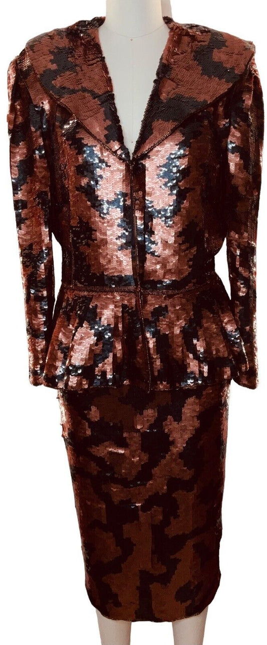 Judith Ann Creations Silk Bronze & Black Sequined Two-piece Skirt Suit Size S