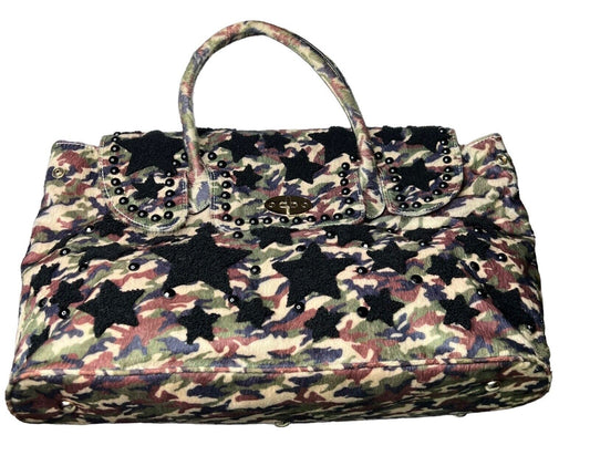 Faux Cowhide Camouflage Top Handle Shoulder Bag Tote Black Faux Shearling Stars