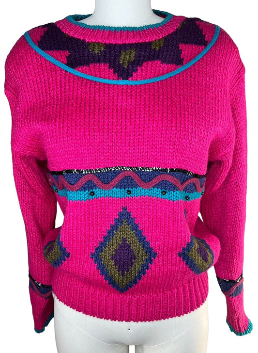 Women’s JJ Fargo Hand Knit Multicolored Beaded Sequins Pullover Sweater Size S