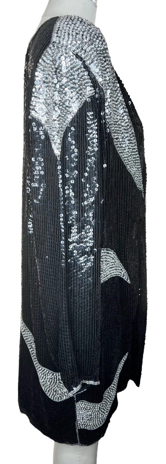 Women’s Silver & Black Silk Lined Sequined Knee Length Duster Size M/L