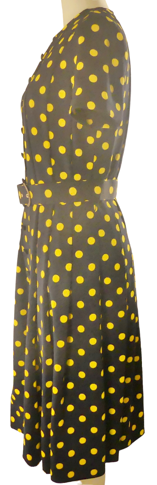 Dynasty 1950s Fit & Flare Navy Blue Dress Yellow Polka Dots Size 12