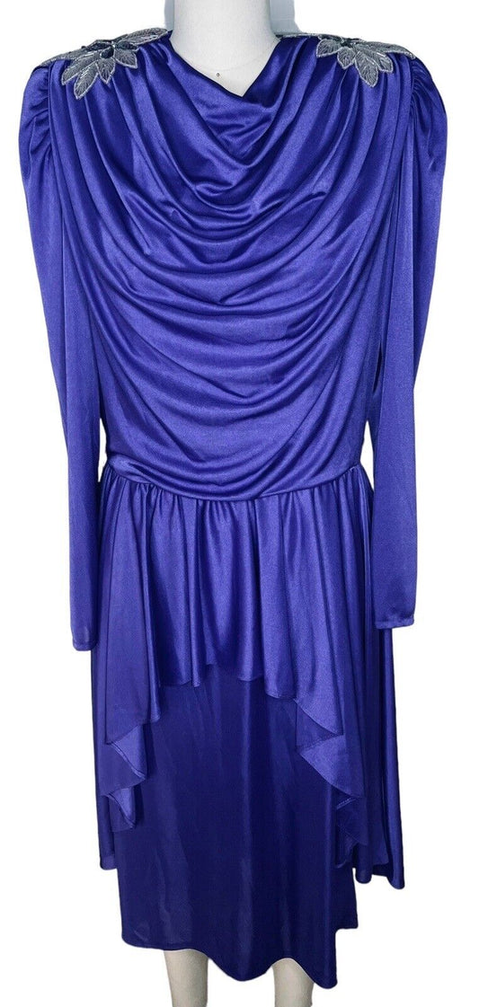 Filigree Purple Draped Dress Beaded Shoulder Epaulettes Size 16