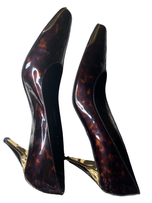 Stuart Weitzman 9M Patent Leather Leopard Print & Gold Heels