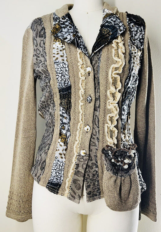 Alberto Makali Cardigan With Pearl Embellishment Animal Print Size Small